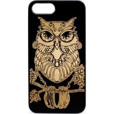 Husa vintage din lemn acacia pentru iPhone 7/8 Plus, pirogravura - Acacia wood vintage case for iPhone 7/8 Plus, phyrography "Owl - wisdom Feng Shui symbol"